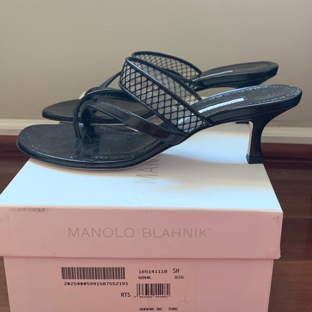 Manolo Blahnik Sulna Black Mesh & Leather Strappy Heels - Picture 3 of 3
